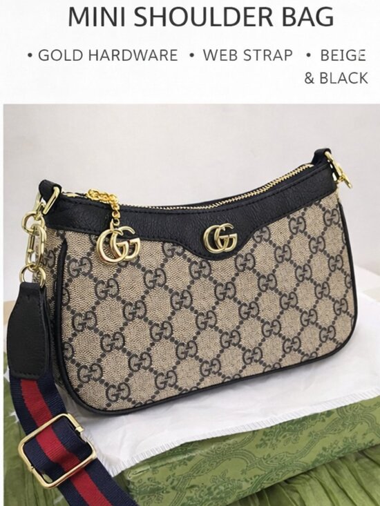 The Unbranded Brand Handbags - Monogram Canvas Mini Shoulder Bag Gold Hardware Chain Strap Y2K Vintage Style